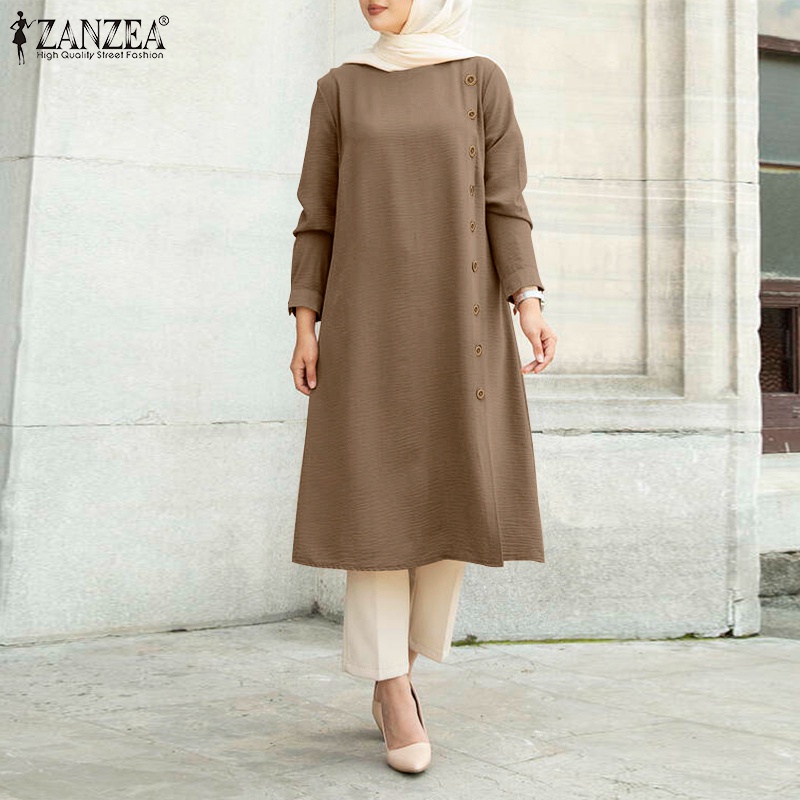 ZANZEA Women Long Sleeve Vintage O Neck Solid Casual Button Cuffs Muslim Blouse