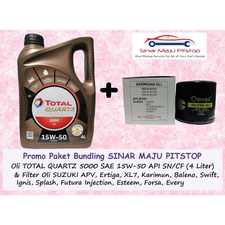 Paket Bundling Oli TOTAL QUARTZ 5000 SAE 15W-50 API SN/CF Original 4 Liter MADE IN SINGAPORE & Filte