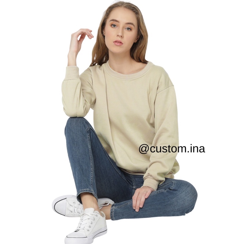 Basic Sweater Polos Beige Cream Crewneck Sweatshirt Pria Wanita Size M - XXXL-2