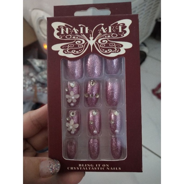 Kuku Palsu 3D / Wedding Fake Nail violet rhinestone fallse Nail