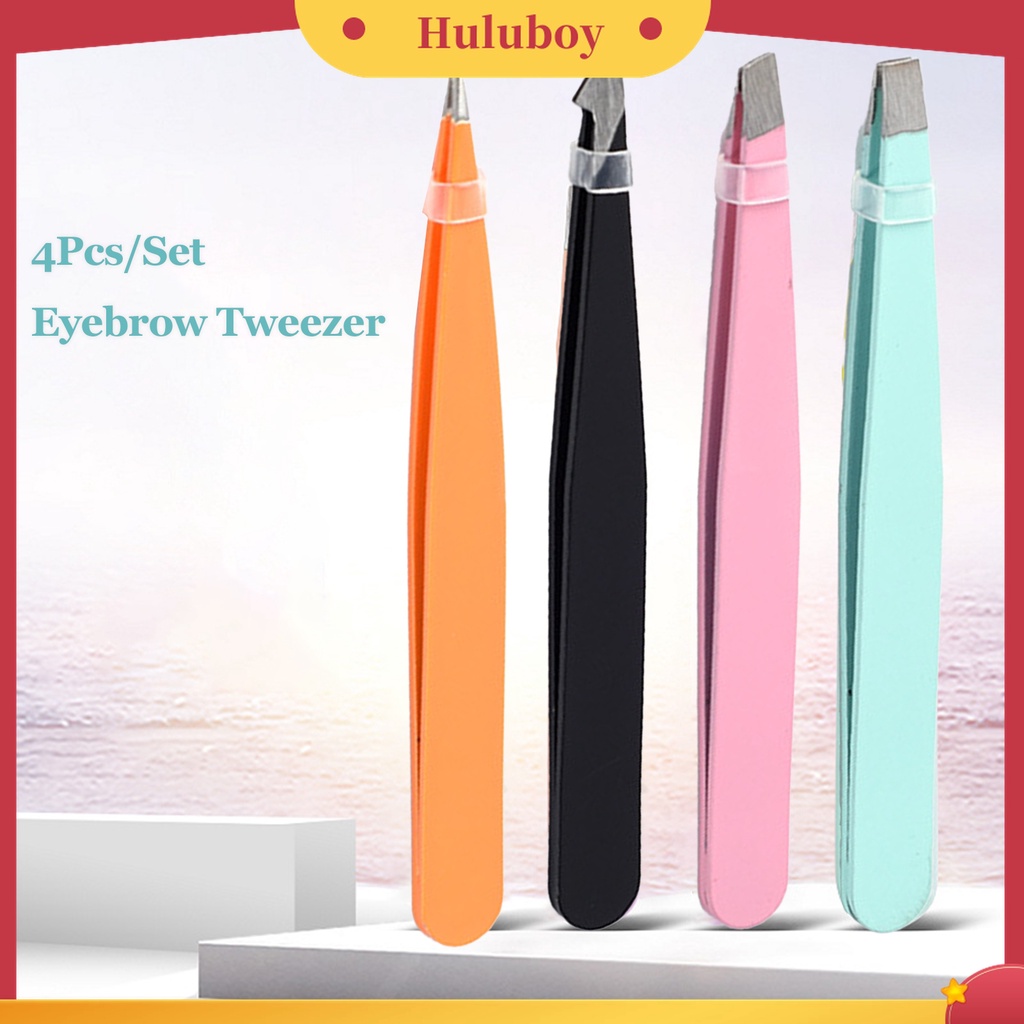 Huluboy Huluboy♡ 4pcs / Set Pinset Alis Bahan Stainless Steel Untuk Makeup Wanita