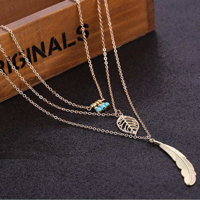 【D.G.C 】✅✨COD Kalung multi-layer bulu daun gaya etnik Bohemia retro L17