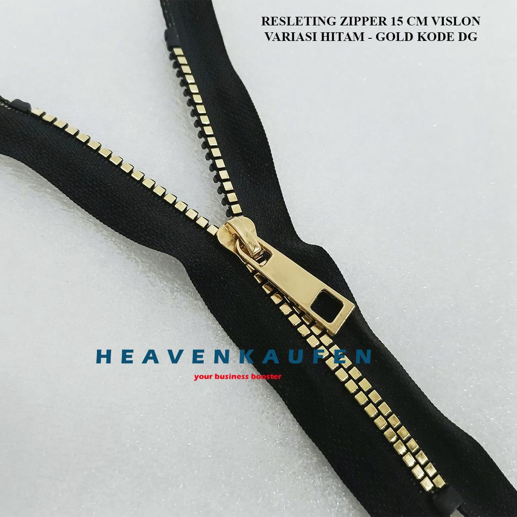 Resleting Zipper 15 cm Atau 6 inch Hitam - Gold Emas Vislon Variasi Kode DG