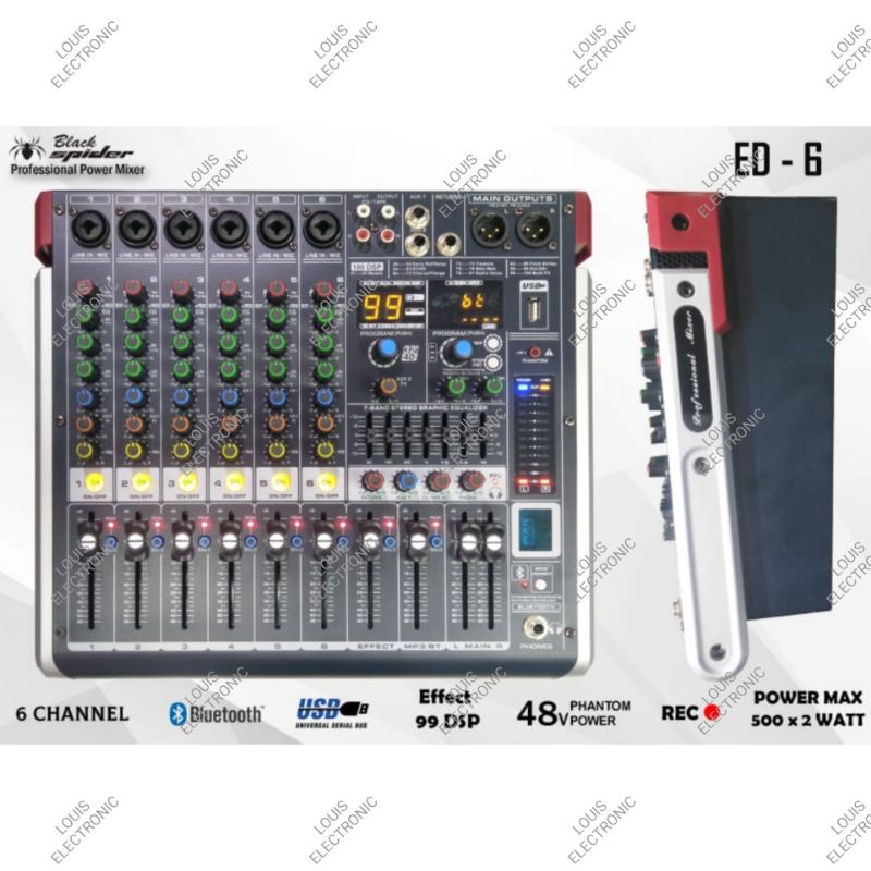 Power Mixer Black Spider ED6 ED 6 ED-6 6 Channel Bluetooth ORIGINAL Black Spider