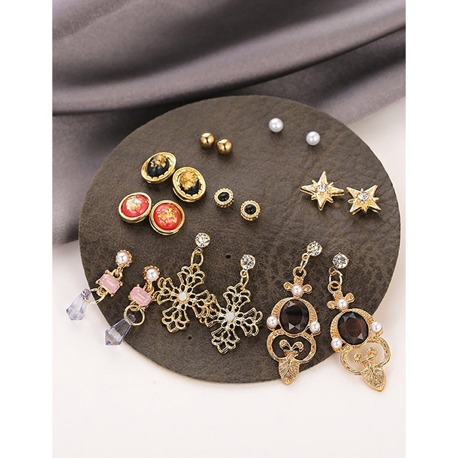 LRC Anting Set Fashion Color Mixing Cross Star Geometric Diamond Resin Pearl Earrings Set K09661