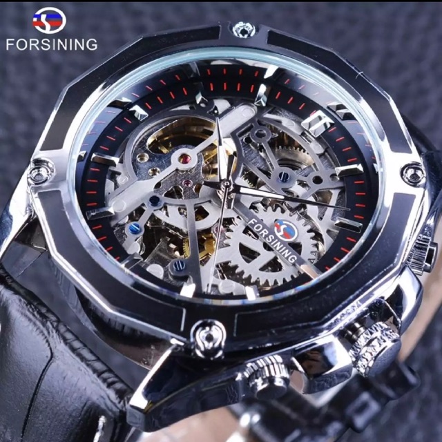 Jam Tangan Pria Automatic Original Forsining Transparan Skeleton Silver Black