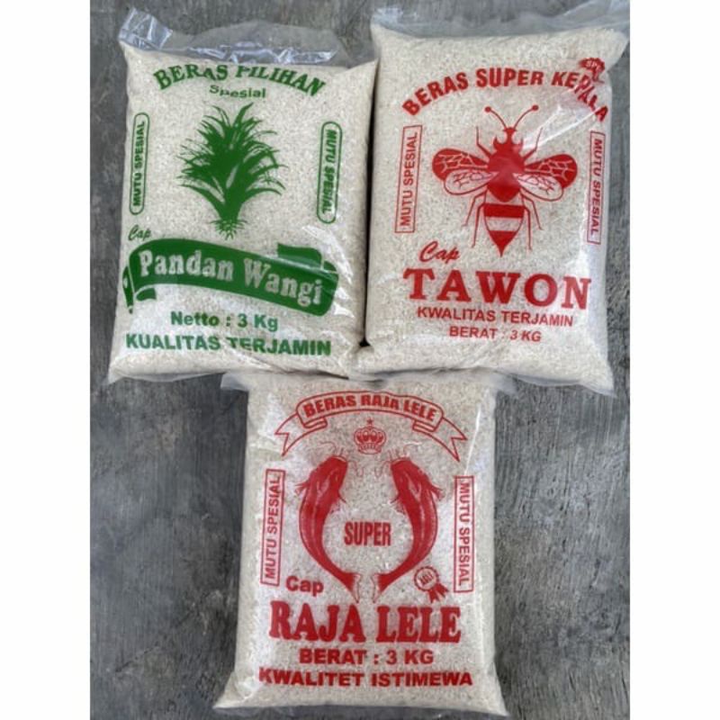 

Beras Kemasan 3kg Tawon/Raja Lele/Pandan Wangi