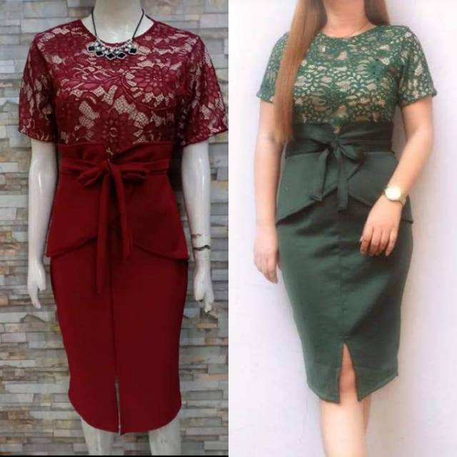 Dress gaun brukat kombinasi scuba import elegan