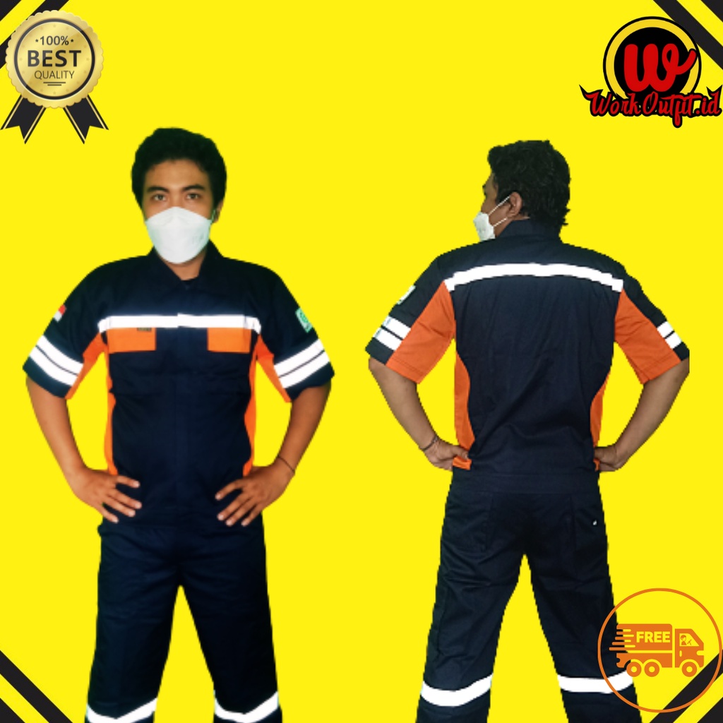 Kemeja Safety | Baju Proyek Lengan Pendek | Pakaian Dinas Lapangan Navy Orens