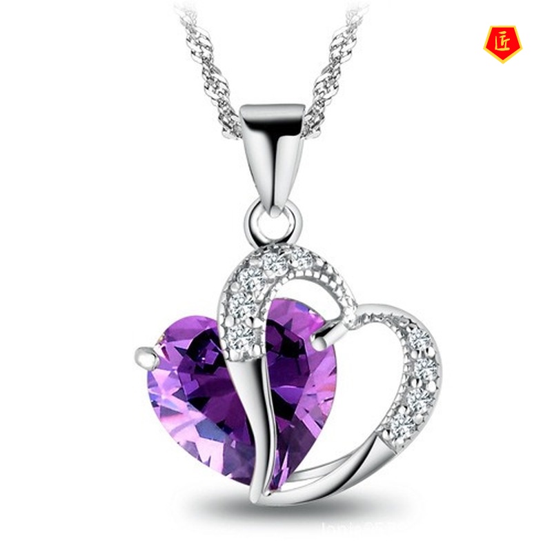 [Ready Stock]Heart-Shaped Crystal Pendant Romantic Purple Necklace Heart Crystal