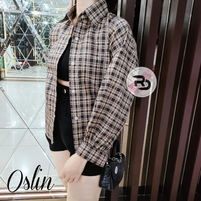 RD FASHION Kemeja Oslin Oversize | Kemeja Korea Jumbo Wanita | Bahan Creap - Fit to L-HD COKLAT