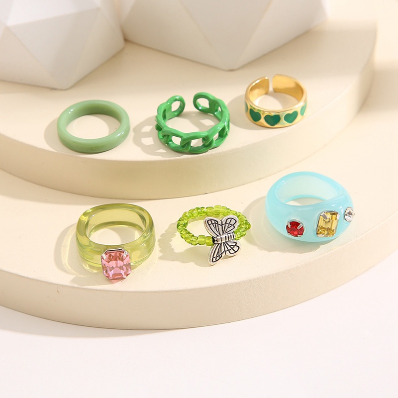 6pcs / Set Cincin Desain Bordir Hati Bahan Metal Warna Hijau Untuk Wanita