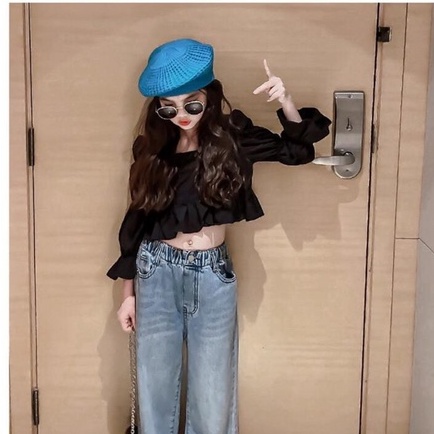 [meandboss] SSP24- Setelan Set Anak Besar Teenager Remaja Perempuan Puffy Blouse + Jeans Straight Cut