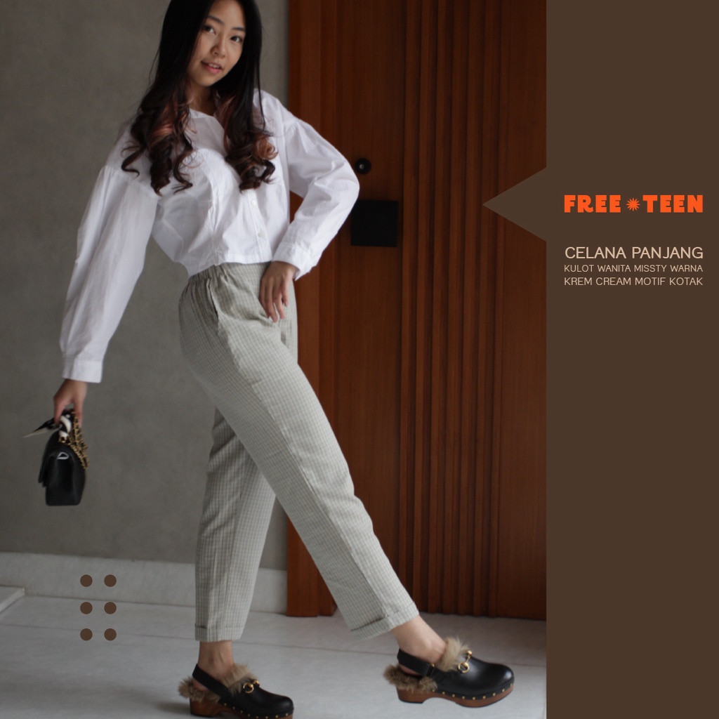 Celana Panjang Kulot Wanita Missty Warna Krem Cream Motif Kotak (Camomile 36)