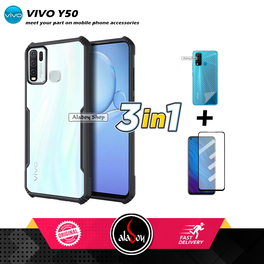 Case VIVO Y50 Armor Fushion Transparent Casing + Tempered Glass Full Layar dan Skin Carbon