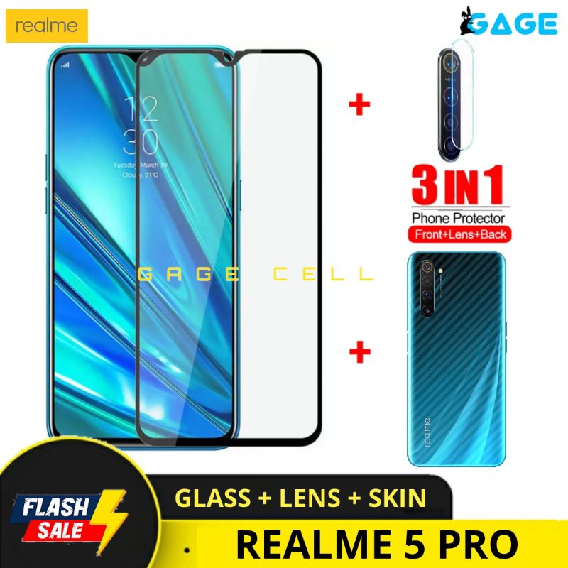 3IN1 TEMPERED GLASS LAYAR KAMERA SKIN CARBON REALME 5 PRO REALMI 5PRO TG ANTI GORES SCREEN PROTECTOR