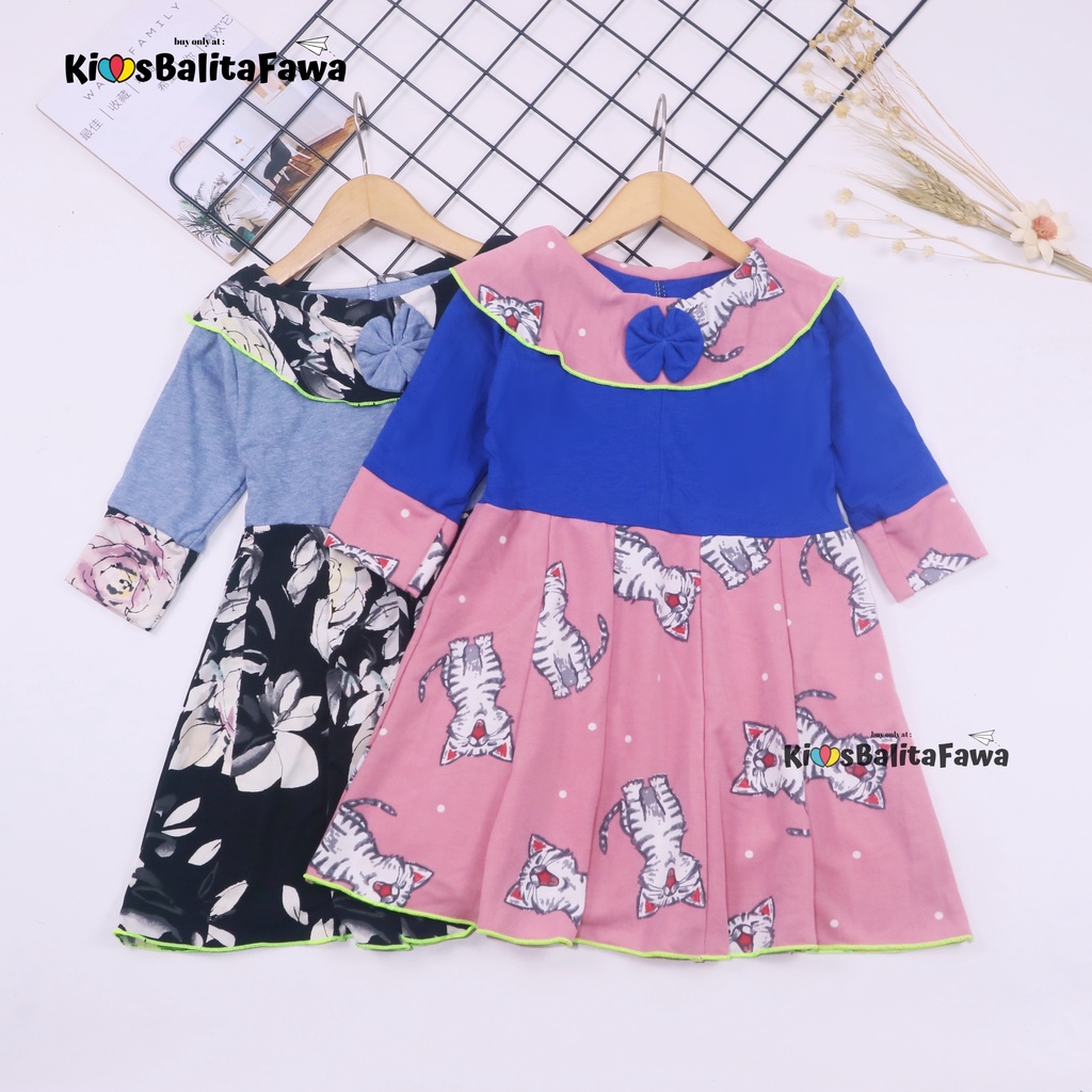 Dress Yumna uk 3-4 Tahun / IMPORT Dres Lengan Panjang Baju Anak Perempuan Gaun Pesta Pakaian Grosir