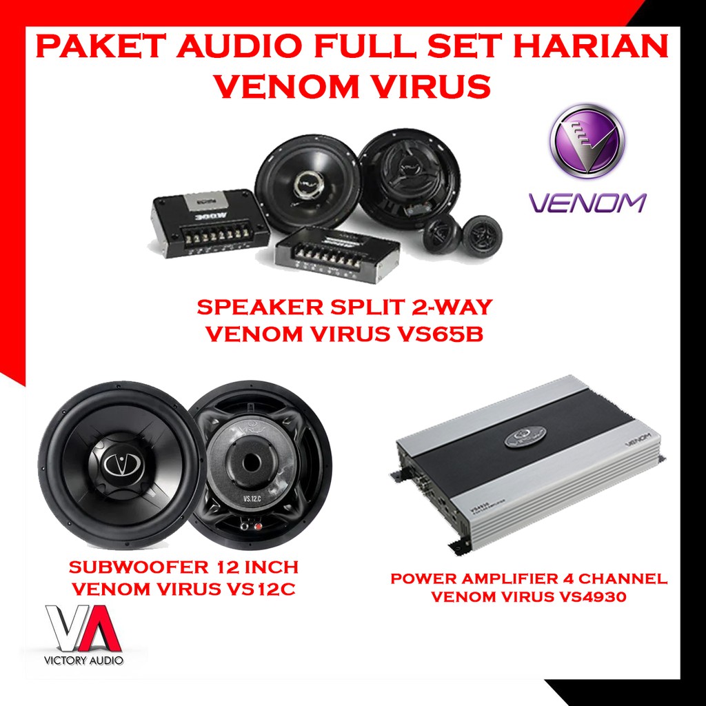 Paket VENOM VIRUS Full Set Audio Harian Subwoofer 12 Inch Power 4 Channel Speaker Split 2-Way ORI