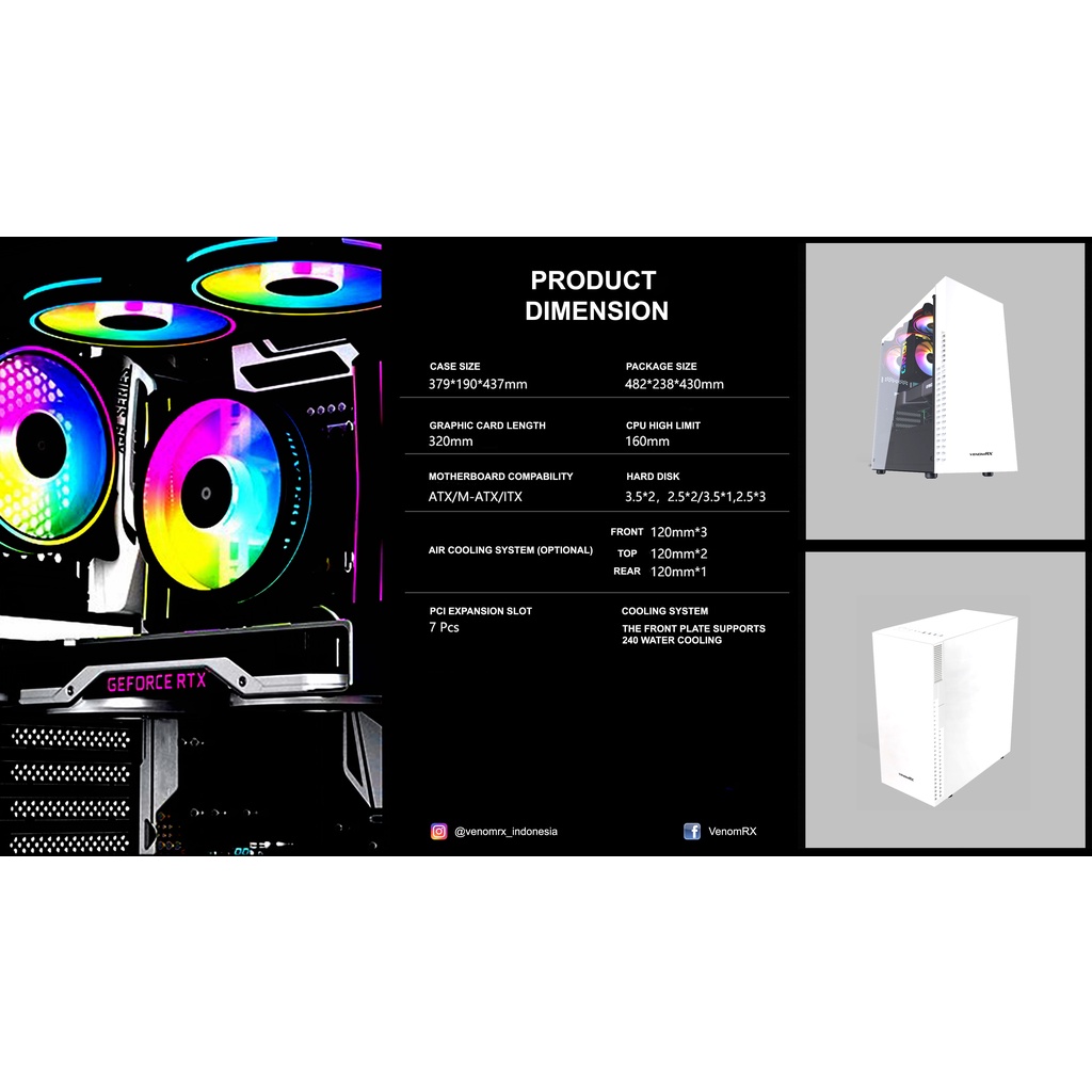 VenomRX Elden White + 3 Fan RGB Casing PC Gaming