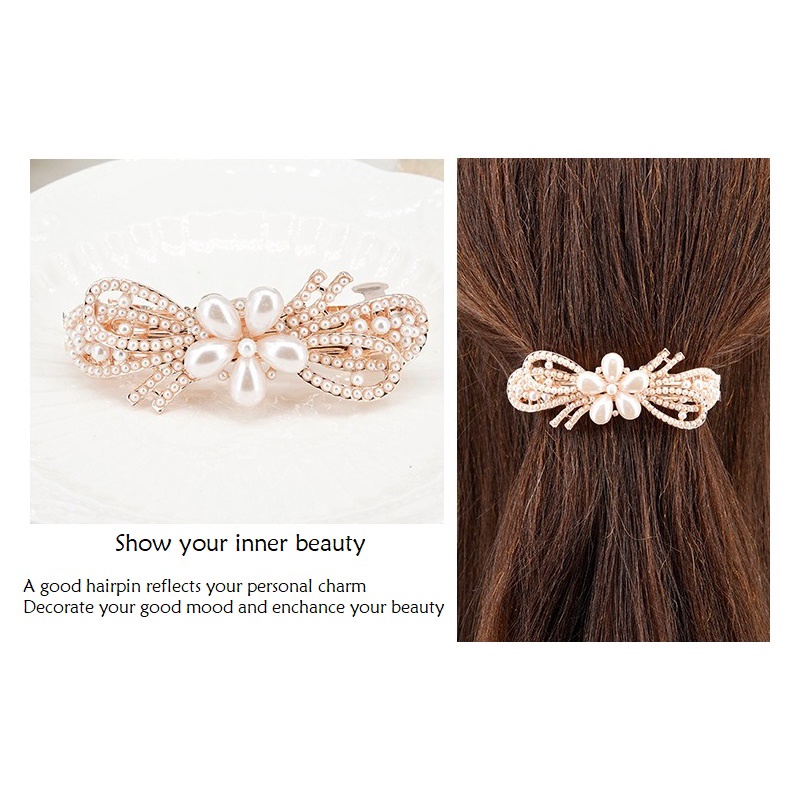 Jepit Rambut Otomatis 9cm Mutiara Warna Emas Jedai Besi Elegan Wanita Dewasa Gold Alloy Pearl Barrette Hair Clip