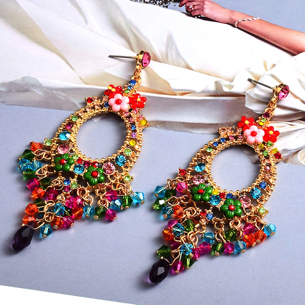 Hu Hu Hu Hu Hu Alat Bantu Pasang Kacamata♡ 1 Pasang Anting Rumbai Manik-Manik Bunga Berlian Imitasi Warna-Warni Gaya Bohemian Untuk Kencan