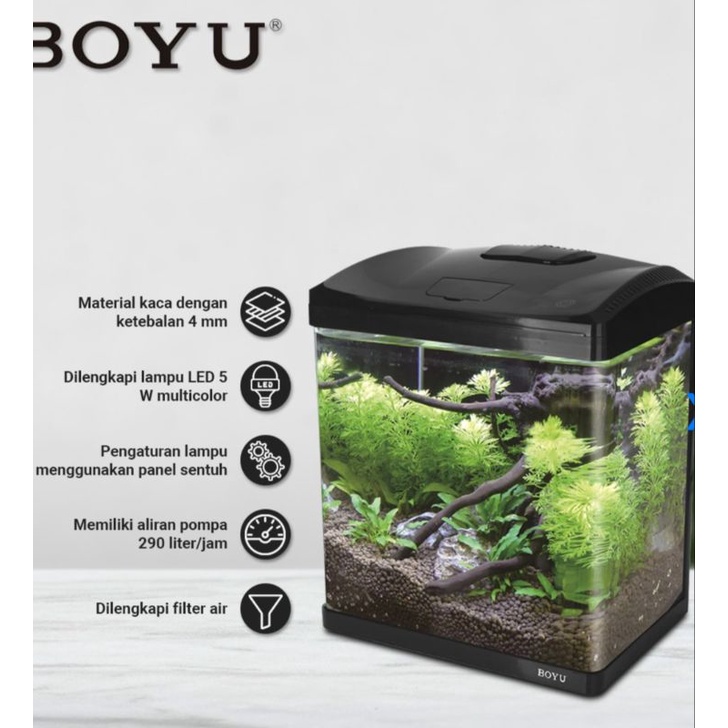 BOYU 33Ltr Akuarium Dengan Lampu Led &amp; Pompa EC-400-Hitam