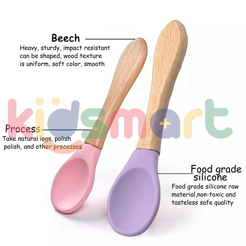 KIDSMART Wooden Spoon Silicon Baby / Sendok &amp; Garpu Kayu Silikon Untuk Makan Bayi