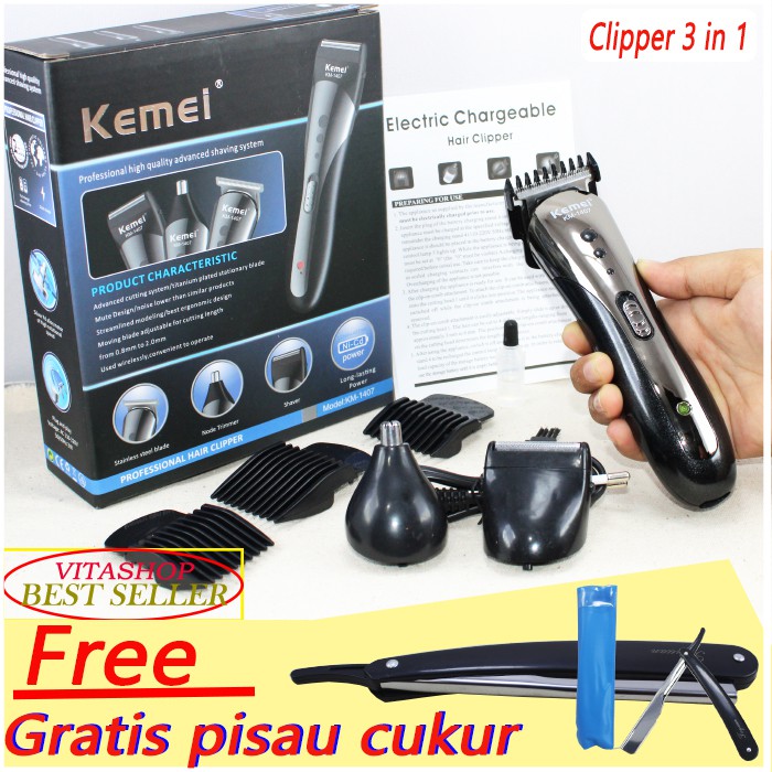 KEMEI KM-1407 GRATIS PISAU CUKUR MANUAL ALAT CUKUR RAMBUT 3 IN 1