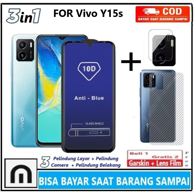 Promo Paket 3in1 Tempered Glass Anti Blue Light Vivo Y15s 2021 2022 Y01 Full Cover Anti Radiasi Caha