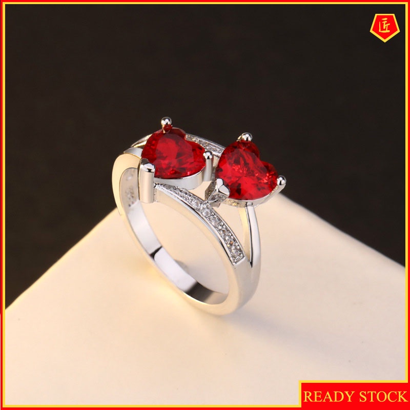 [Ready Stock]Popular Double Love Heart-Shaped Colored Gems Ring S925 Silver