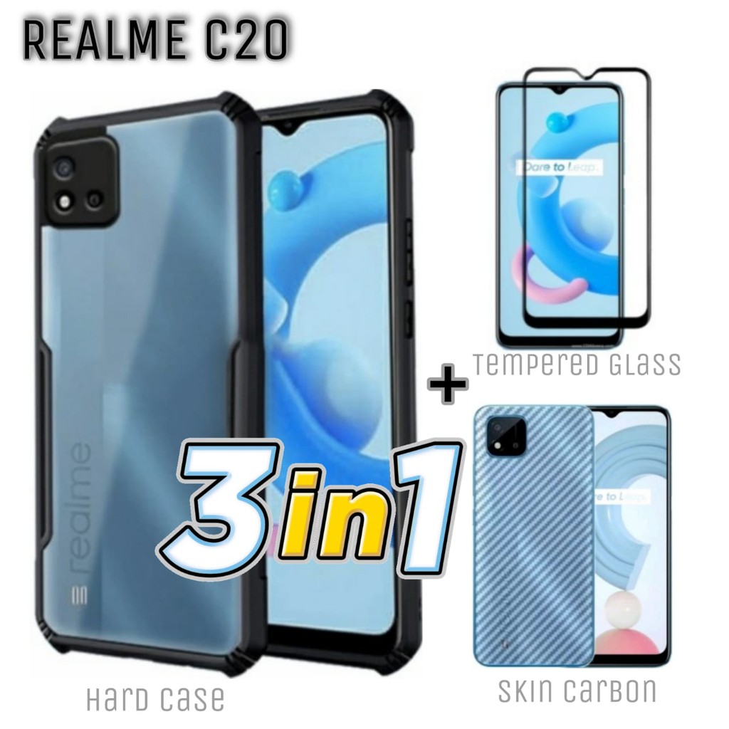 Case REALME C20 Hard Case Fusion Transparant free Tempered Glass Layar Dan Skin Carbon