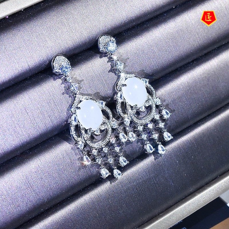 [Ready Stock]New Luxury Inlaid Natural Jade Earrings