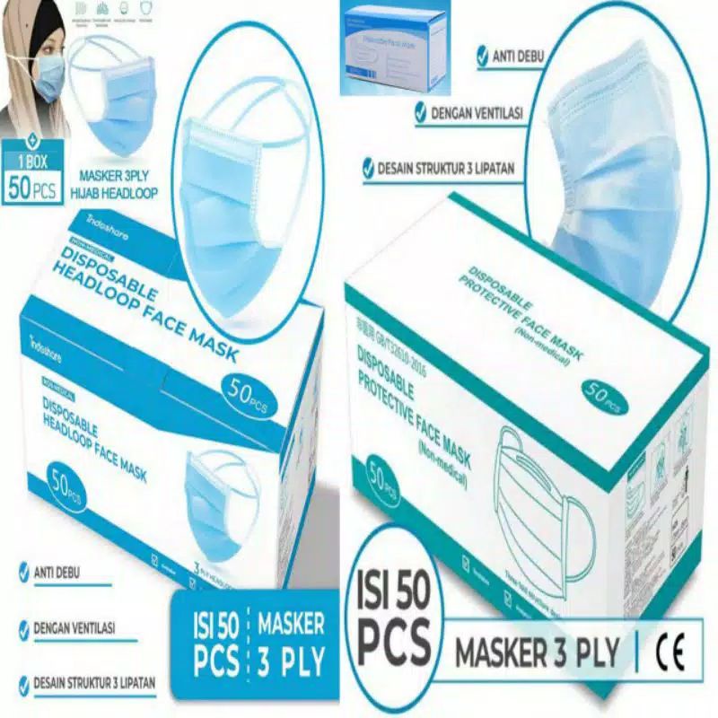 Termurah || Masker DIPOSABLE FACE MASK EARLOP 3-ply | Masker HEADLOOP 3-Ply | Masker Hijab Headlop