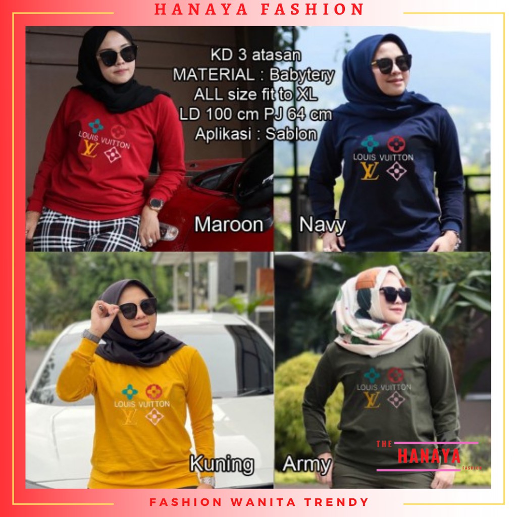 Baju Kaos Wanita Lengan Panjang Murah Terbaru | Kaos Lengan Panjang Cewek Kekinian Sablon LV Premium