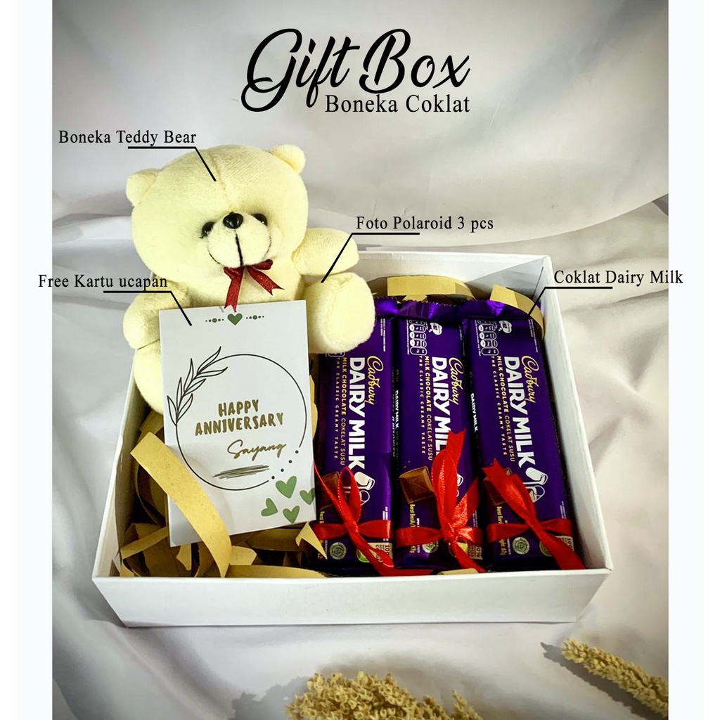 Gift Box Kado Cowok Cewek Buat Pacar  Birthday | Ulang Tahun | Anniversary | Wisuda | Valentine - Hampers Boneka Coklat Dairy Milk + Mini Memory Photo Box Custom