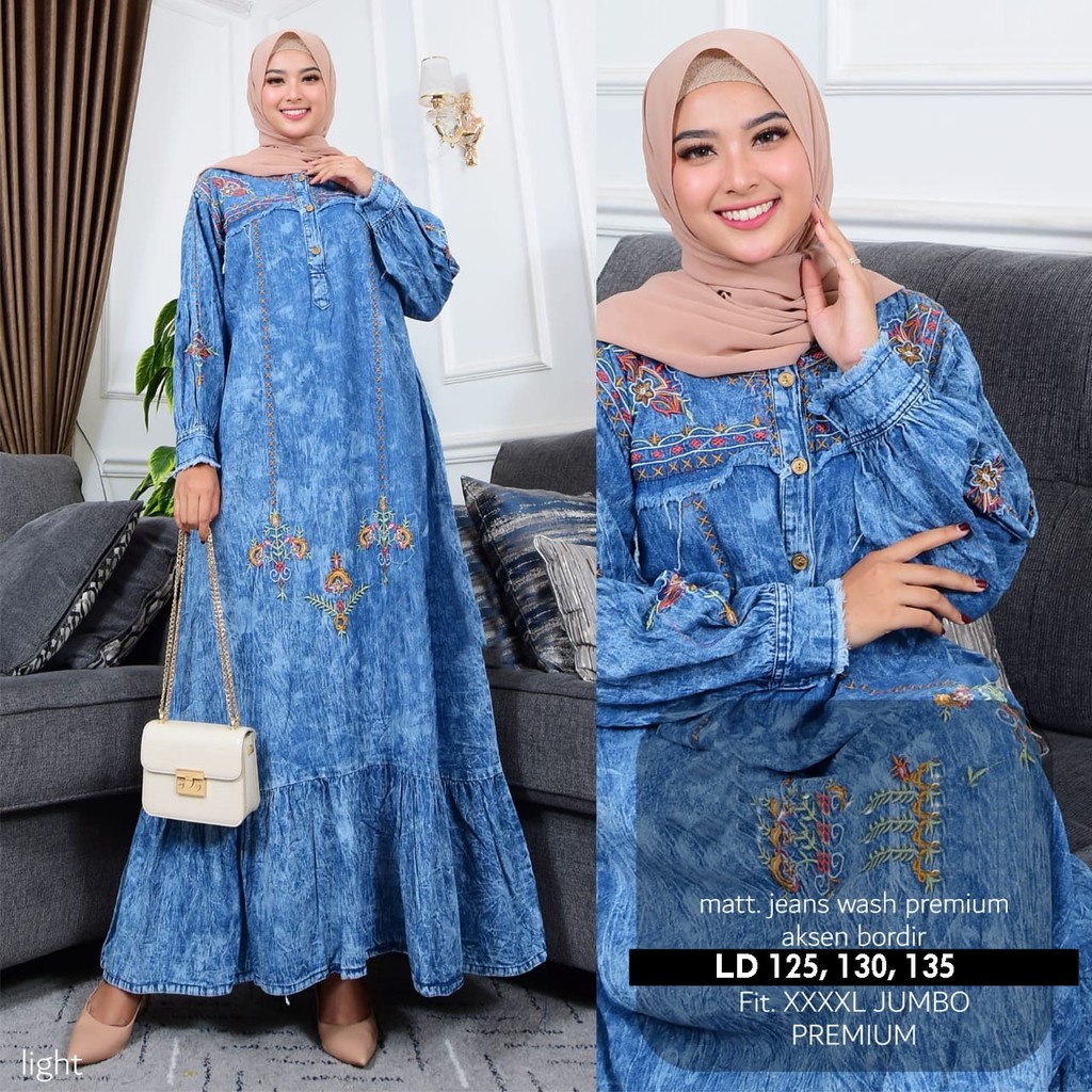 Baju Wanita Maxi Dress Dres Gamis Denim Jeans Levis Jumbo ld 125 130 135 Big Size XXL XXXL 3XL - 6XL