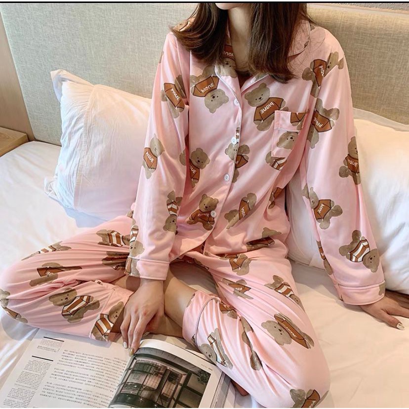 Baju tidur lengan panjang Piyama wanita pp import krah korean style-PPK BEAR PIQUE PINK