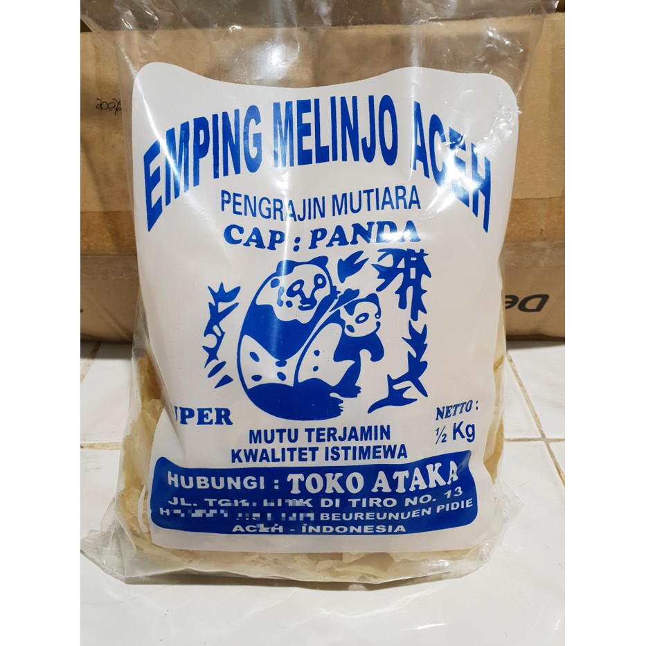 

Emping melinjo Aceh pengrajin mutiara Cap Panda 500gr mutu terjamin