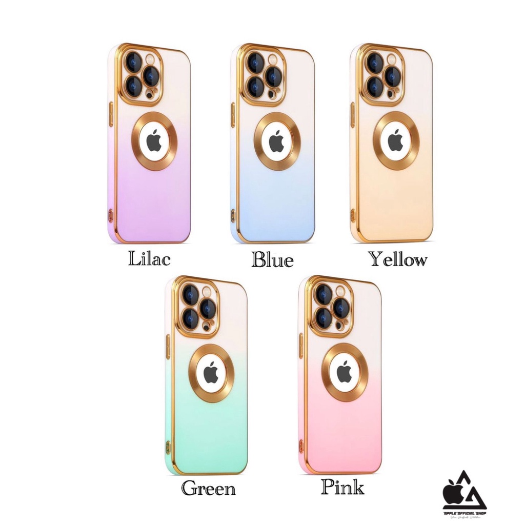 Premium Softcase Candy Gradasi Chrome LOGO BULAT iPhone 13 PRO MAX 12 PRO MAX 11 PRO MAX XR X XS MAX 7 7+ 8 8+ SE 2 3 With Lens Lensa Glass Camera Protector Soft Case Logo Apple List Krom Gold Electroplated Pelindung Kamera Silikon Jelly Clear Cover Bukan