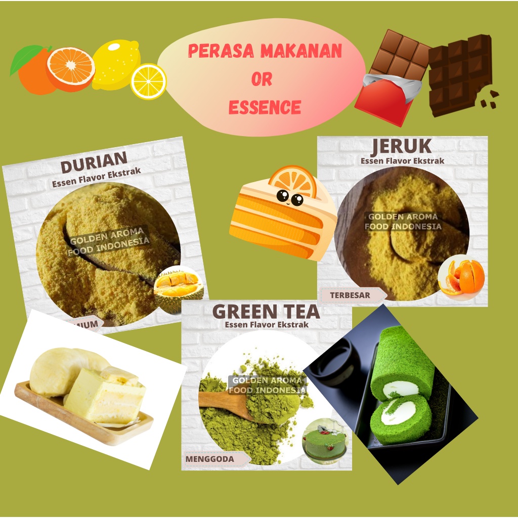 Bubuk Essence Perasa Makanan Minuman Aneka Rasa Coklat Choco Durian Green Tea Jeruk Keju Lemon Madu 