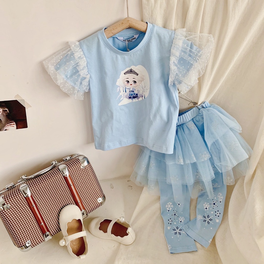 Setelan Anak Perempuan Impor Kaos dan Rok Tutu Legging Princess Frozen Elsa  Gratis Crown Set