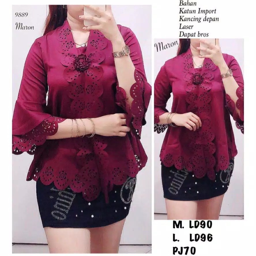 Kebaya Encim Modern Laser Katun Import FB Terompet tangan panjang-Maroon
