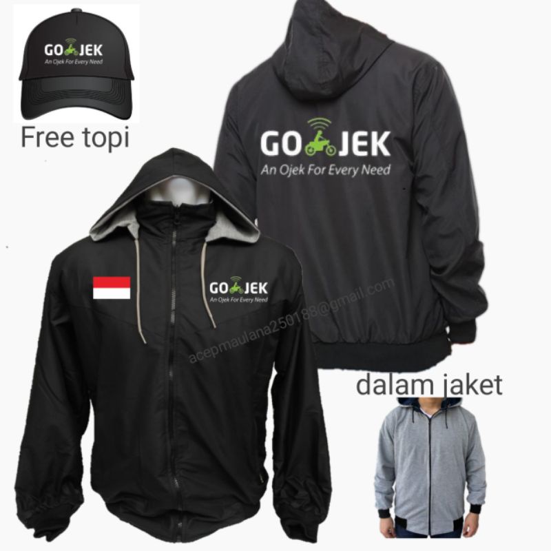 Jaket parasut gojek logo lama depan belakang sablon free topi dan bisa dipake bolak balik
