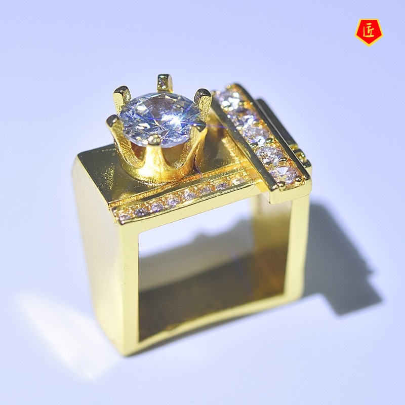 [Ready Stock]Creative Geometric Gold Inlaid Diamond Square Ring