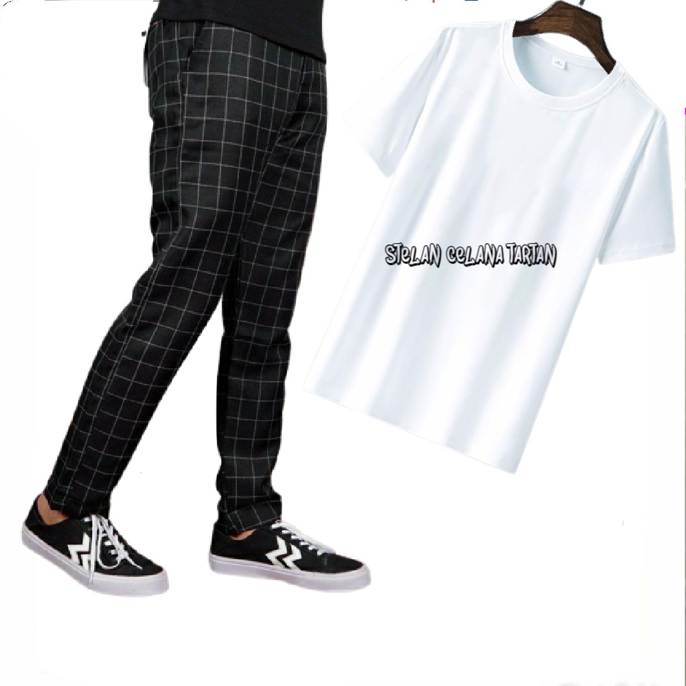 set celana kotak peria / celana pria / setelan baju dan celana // pria dan wanita / baju kaos pria  / korea style terbaru / celana kekinian