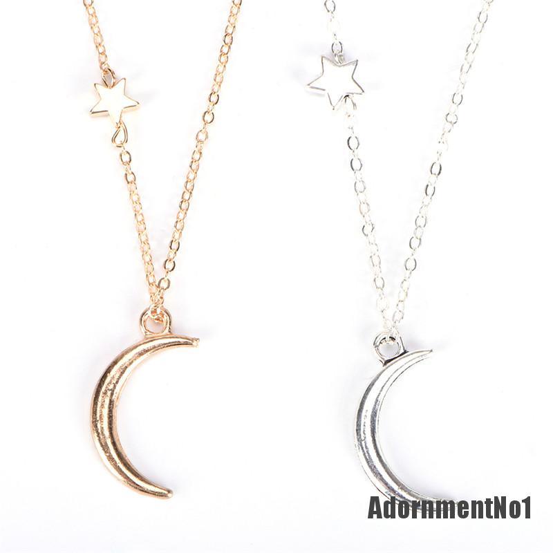 (Adornmentno1) Kalung Rantai Dengan Liontin Bulan + Bintang Warna Emas / silver Untuk Wanita