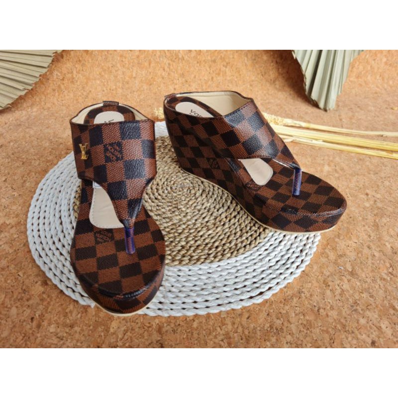 ABBUSHOES PH 05 Sandal Wedges Wanita Motif Catur 7cm