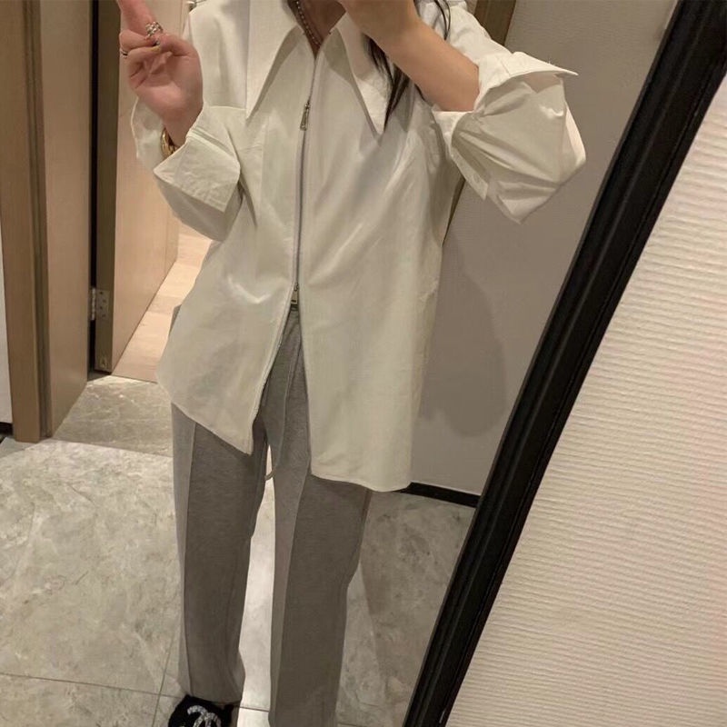 Pro Kerah runcing besar berkepala dua ritsleting kemeja putih jaket mahasiswa perempuan versi Korea 