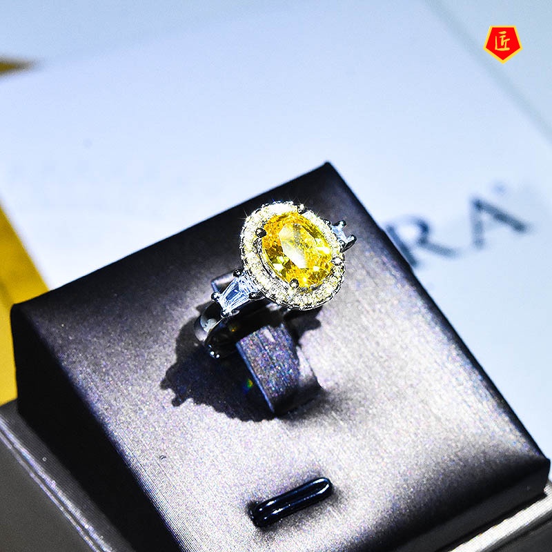 [Ready Stock]Inlaid Oval Yellow Diamond Open Ring