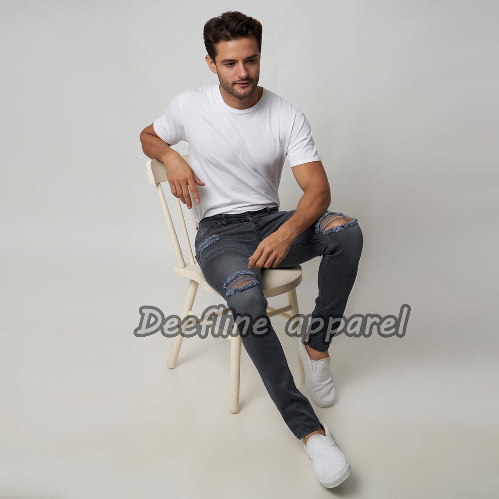 Deefline - Celana Jeans Pria Skinny Slimfit Ripped Jeans ABU GELAP